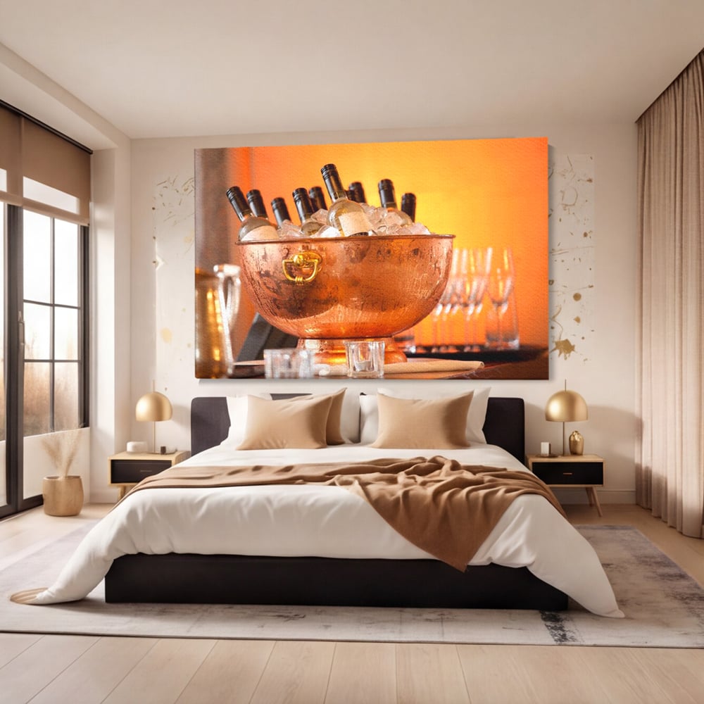 Tablou Canvas Premium, LuxCanva® N1097, Rasfatul Oaspetilor, Sticle, Vin Alb, Bautura, Bol, Rece, Eleganta, Racoritor, Petrecere, Rafinament, Pub, Lounge, Bar, Restaurant, Bucatarie
