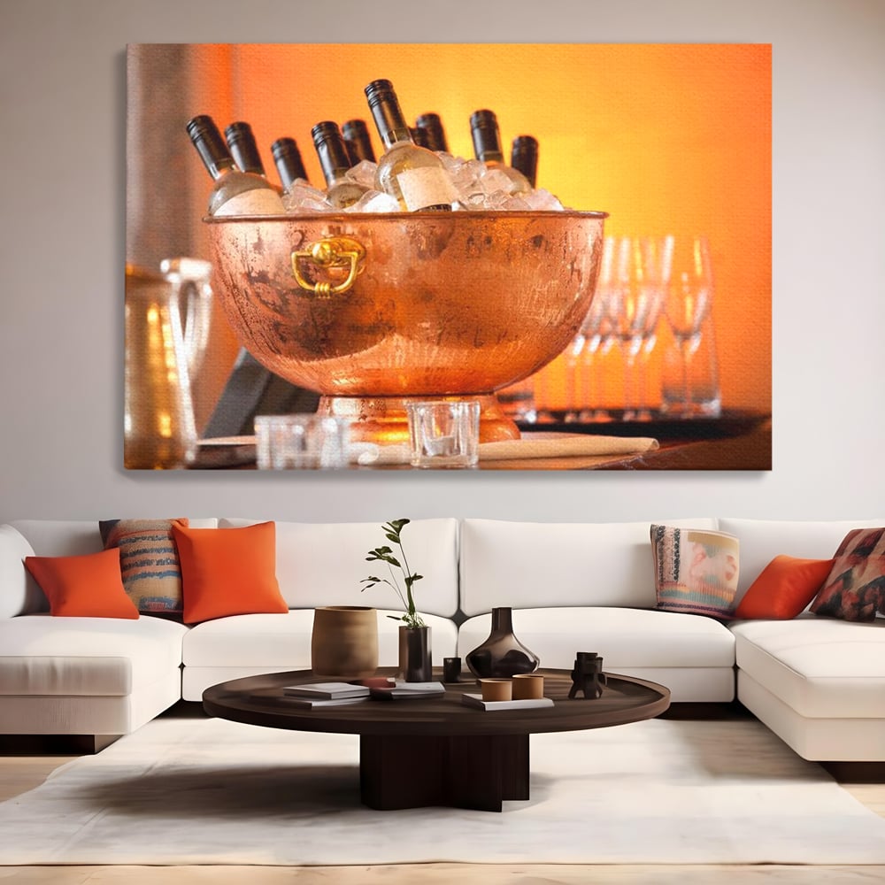 Tablou Canvas Premium, LuxCanva® N1097, Rasfatul Oaspetilor, Sticle, Vin Alb, Bautura, Bol, Rece, Eleganta, Racoritor, Petrecere, Rafinament, Pub, Lounge, Bar, Restaurant, Bucatarie