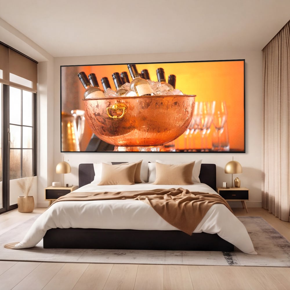 Tablou Canvas Premium, LuxCanva® N1097, Rasfatul Oaspetilor, Sticle, Vin Alb, Bautura, Bol, Rece, Eleganta, Racoritor, Petrecere, Rafinament, Pub, Lounge, Bar, Restaurant, Bucatarie