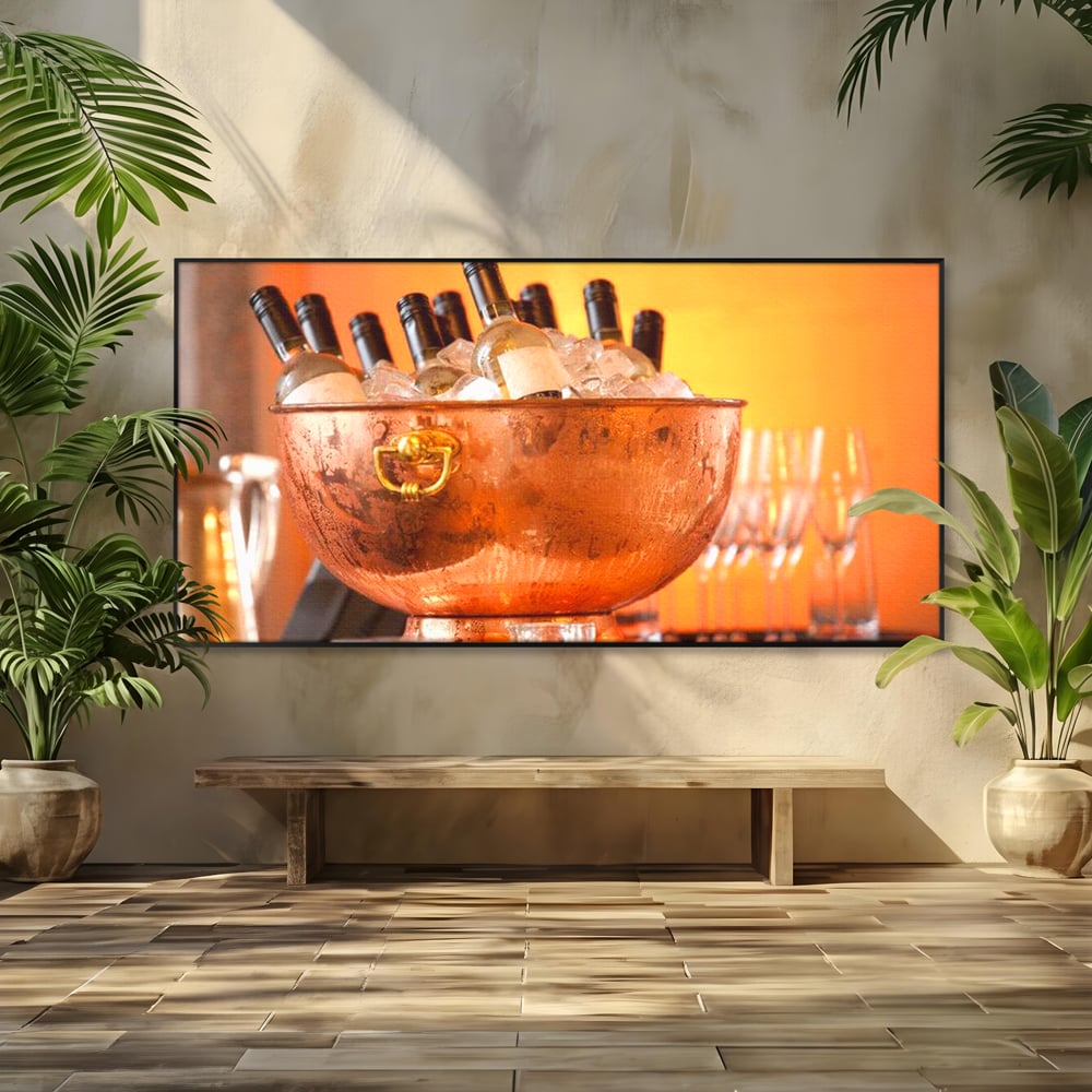 Tablou Canvas Premium, LuxCanva® N1097, Rasfatul Oaspetilor, Sticle, Vin Alb, Bautura, Bol, Rece, Eleganta, Racoritor, Petrecere, Rafinament, Pub, Lounge, Bar, Restaurant, Bucatarie