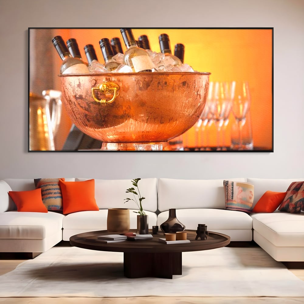 Tablou Canvas Premium, LuxCanva® N1097, Rasfatul Oaspetilor, Sticle, Vin Alb, Bautura, Bol, Rece, Eleganta, Racoritor, Petrecere, Rafinament, Pub, Lounge, Bar, Restaurant, Bucatarie
