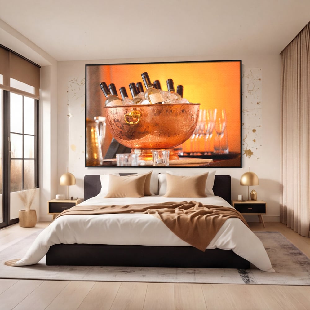 Tablou Canvas Premium, LuxCanva® N1097, Rasfatul Oaspetilor, Sticle, Vin Alb, Bautura, Bol, Rece, Eleganta, Racoritor, Petrecere, Rafinament, Pub, Lounge, Bar, Restaurant, Bucatarie