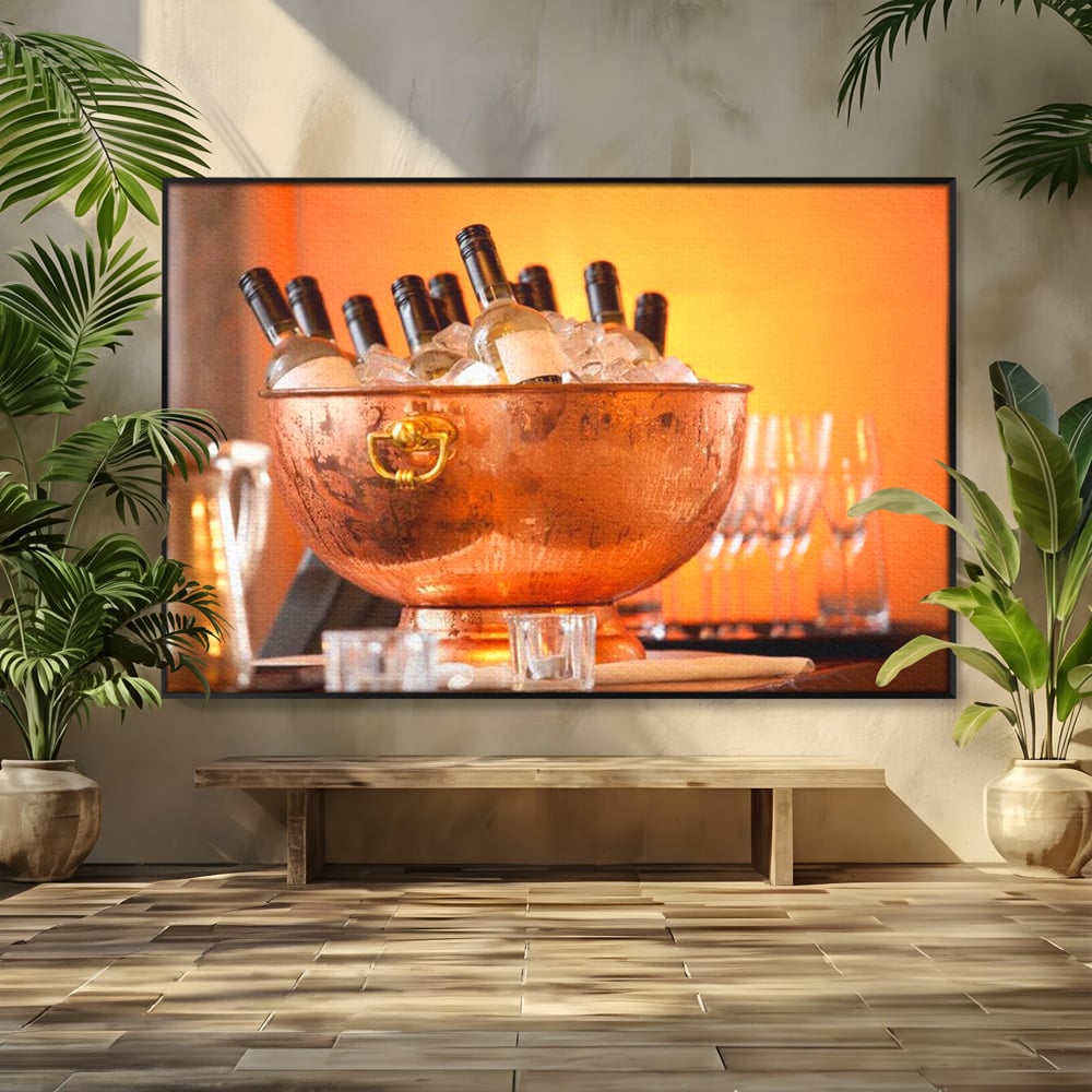 Tablou Canvas Premium, LuxCanva® N1097, Rasfatul Oaspetilor, Sticle, Vin Alb, Bautura, Bol, Rece, Eleganta, Racoritor, Petrecere, Rafinament, Pub, Lounge, Bar, Restaurant, Bucatarie