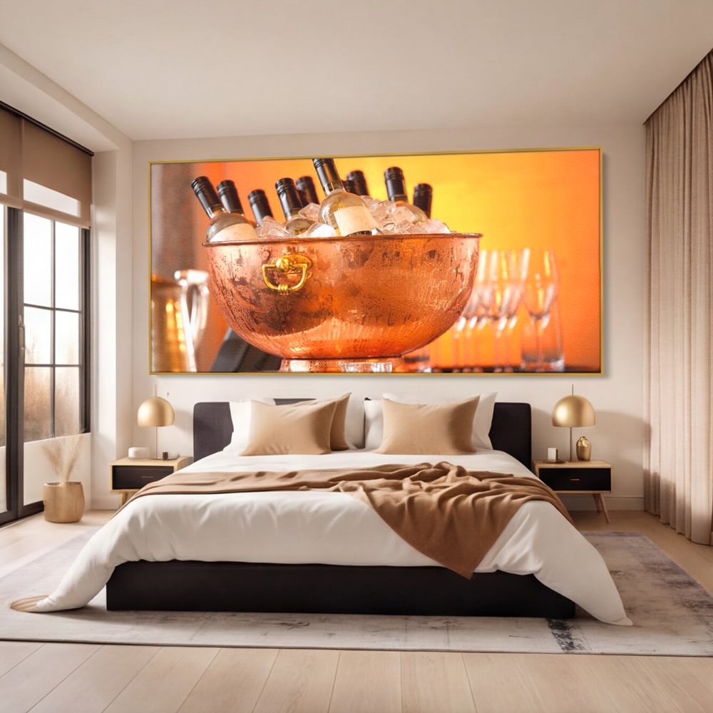 Tablou Canvas Premium, LuxCanva® N1097, Rasfatul Oaspetilor, Sticle, Vin Alb, Bautura, Bol, Rece, Eleganta, Racoritor, Petrecere, Rafinament, Pub, Lounge, Bar, Restaurant, Bucatarie