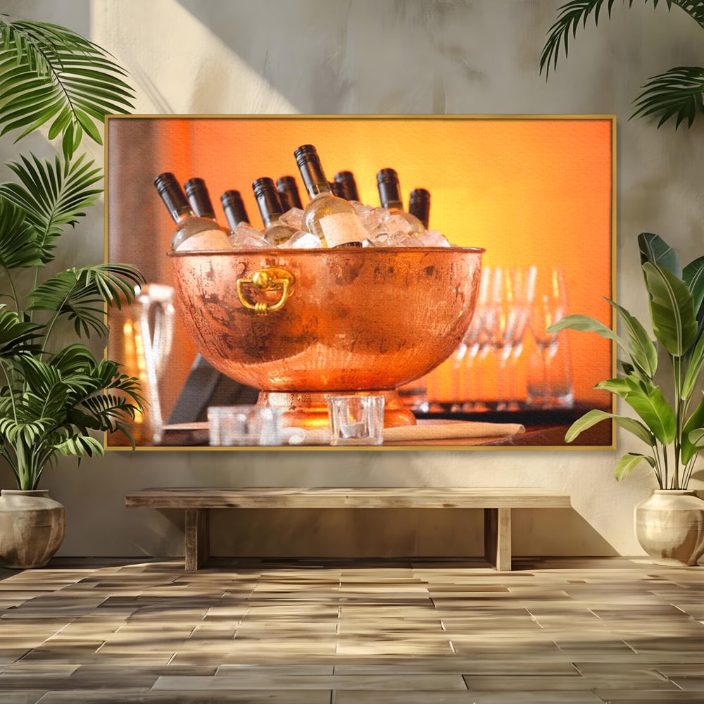 Tablou Canvas Premium, LuxCanva® N1097, Rasfatul Oaspetilor, Sticle, Vin Alb, Bautura, Bol, Rece, Eleganta, Racoritor, Petrecere, Rafinament, Pub, Lounge, Bar, Restaurant, Bucatarie