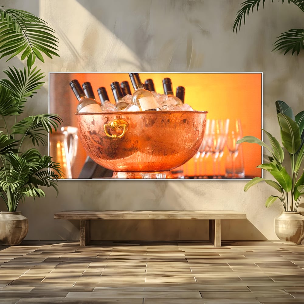 Tablou Canvas Premium, LuxCanva® N1097, Rasfatul Oaspetilor, Sticle, Vin Alb, Bautura, Bol, Rece, Eleganta, Racoritor, Petrecere, Rafinament, Pub, Lounge, Bar, Restaurant, Bucatarie