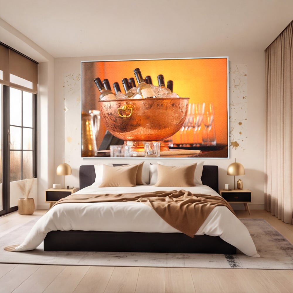 Tablou Canvas Premium, LuxCanva® N1097, Rasfatul Oaspetilor, Sticle, Vin Alb, Bautura, Bol, Rece, Eleganta, Racoritor, Petrecere, Rafinament, Pub, Lounge, Bar, Restaurant, Bucatarie
