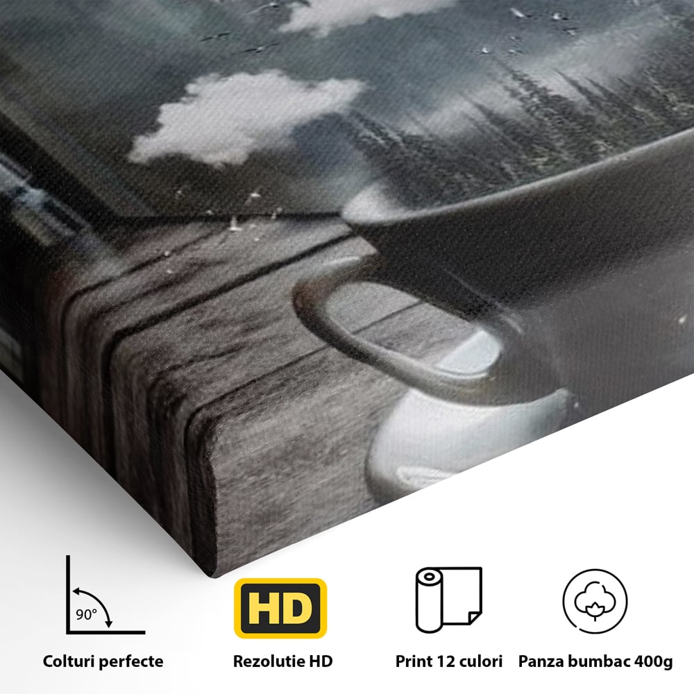 Tablou Canvas Premium, LuxCanva® N1099, Ceasca Melancoliei, Cafea, Padure, Ceata, Ploaie, Nori, Peisaj, Fereastra, Toamna, Relaxare, Cafenea, Pub, Bar, Lounge, Restaurant, Bucatarie