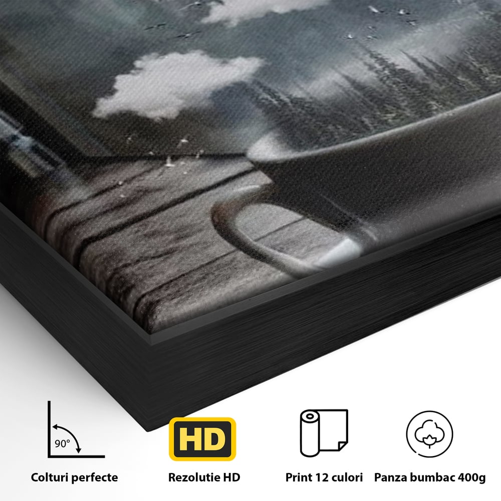 Tablou Canvas Premium, LuxCanva® N1099, Ceasca Melancoliei, Cafea, Padure, Ceata, Ploaie, Nori, Peisaj, Fereastra, Toamna, Relaxare, Cafenea, Pub, Bar, Lounge, Restaurant, Bucatarie