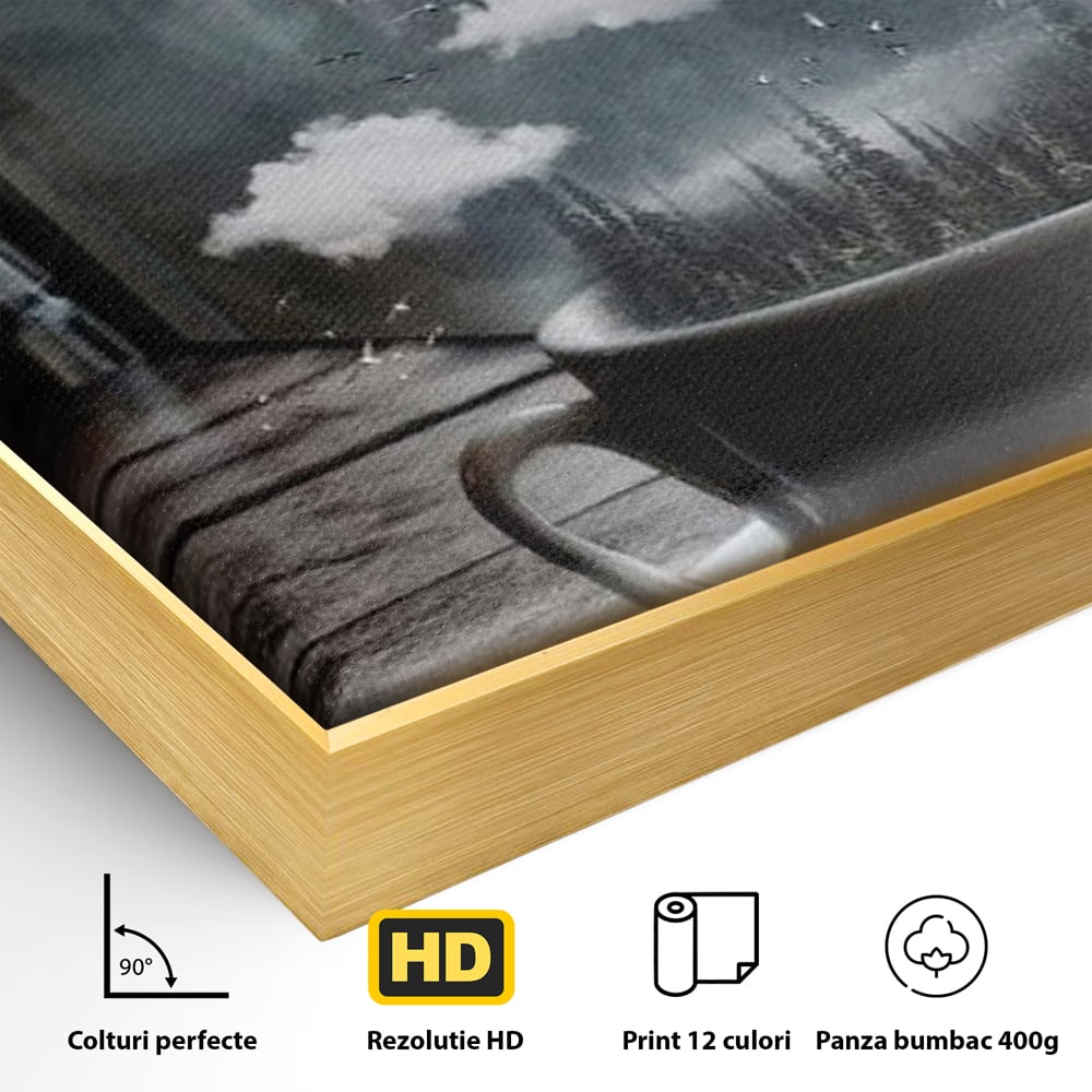 Tablou Canvas Premium, LuxCanva® N1099, Ceasca Melancoliei, Cafea, Padure, Ceata, Ploaie, Nori, Peisaj, Fereastra, Toamna, Relaxare, Cafenea, Pub, Bar, Lounge, Restaurant, Bucatarie