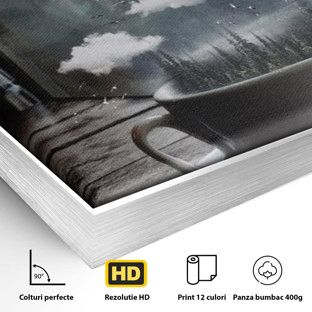 Tablou Canvas Premium, LuxCanva® N1099, Ceasca Melancoliei, Cafea, Padure, Ceata, Ploaie, Nori, Peisaj, Fereastra, Toamna, Relaxare, Cafenea, Pub, Bar, Lounge, Restaurant, Bucatarie