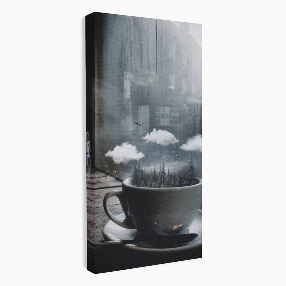 Tablou Canvas Premium, LuxCanva® N1099, Ceasca Melancoliei, Cafea, Padure, Ceata, Ploaie, Nori, Peisaj, Fereastra, Toamna, Relaxare, Cafenea, Pub, Bar, Lounge, Restaurant, Bucatarie