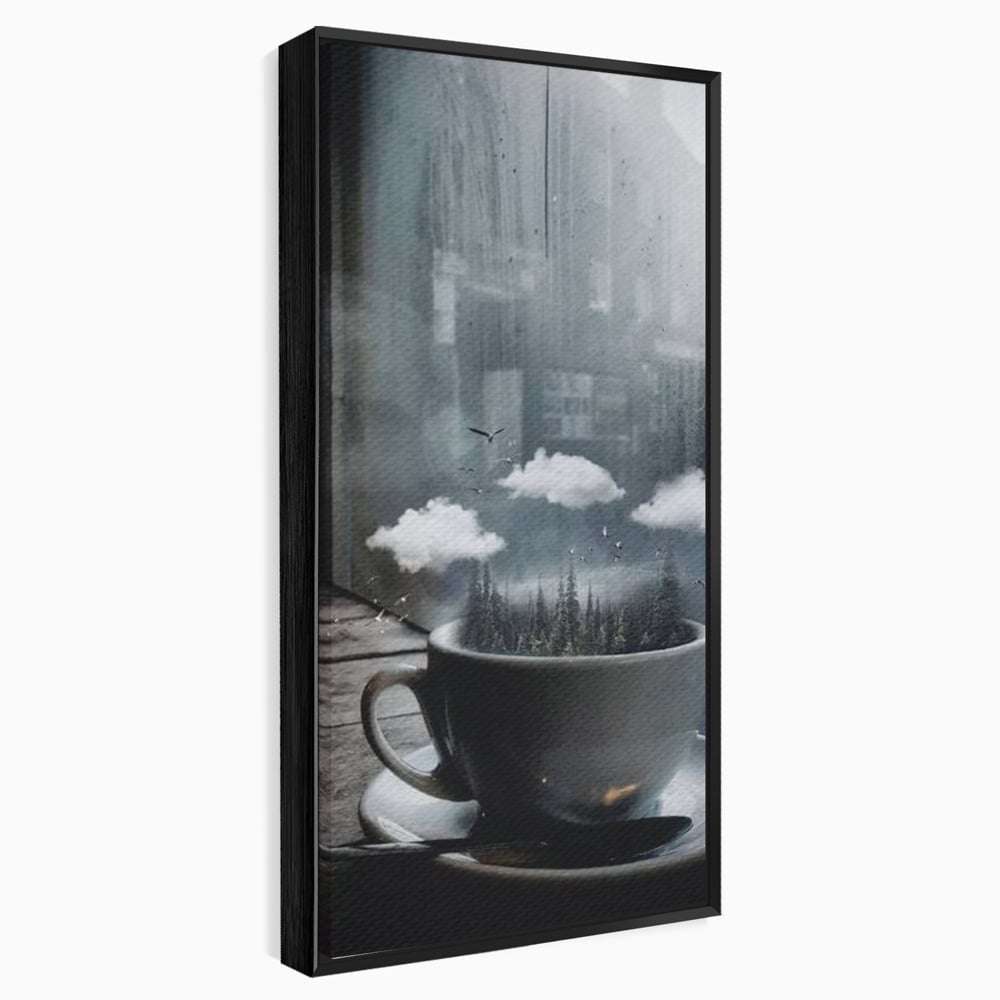 Tablou Canvas Premium, LuxCanva® N1099, Ceasca Melancoliei, Cafea, Padure, Ceata, Ploaie, Nori, Peisaj, Fereastra, Toamna, Relaxare, Cafenea, Pub, Bar, Lounge, Restaurant, Bucatarie