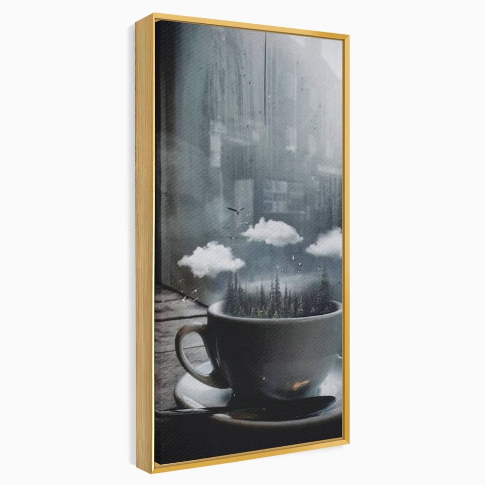 Tablou Canvas Premium, LuxCanva® N1099, Ceasca Melancoliei, Cafea, Padure, Ceata, Ploaie, Nori, Peisaj, Fereastra, Toamna, Relaxare, Cafenea, Pub, Bar, Lounge, Restaurant, Bucatarie