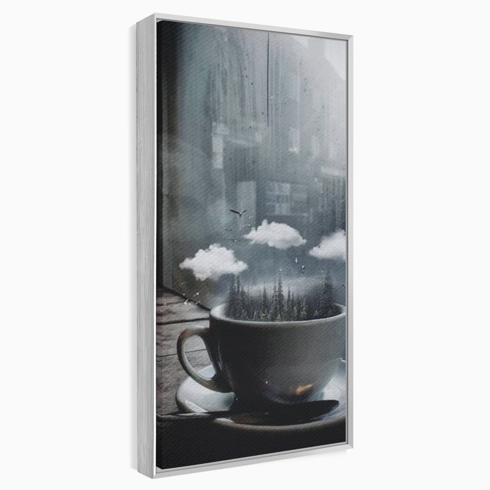 Tablou Canvas Premium, LuxCanva® N1099, Ceasca Melancoliei, Cafea, Padure, Ceata, Ploaie, Nori, Peisaj, Fereastra, Toamna, Relaxare, Cafenea, Pub, Bar, Lounge, Restaurant, Bucatarie