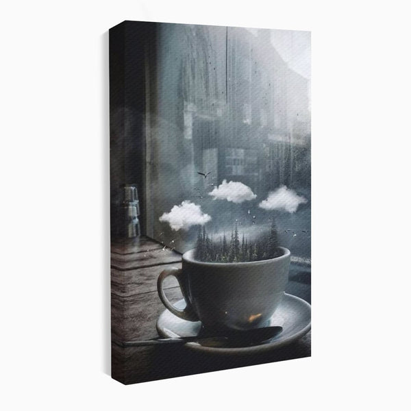 Tablou Canvas Premium, LuxCanva® N1099, Ceasca Melancoliei, Cafea, Padure, Ceata, Ploaie, Nori, Peisaj, Fereastra, Toamna, Relaxare, Cafenea, Pub, Bar, Lounge, Restaurant, Bucatarie