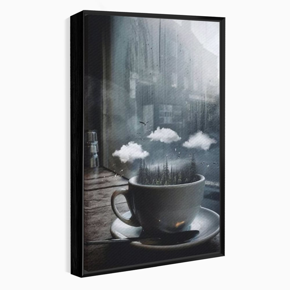 Tablou Canvas Premium, LuxCanva® N1099, Ceasca Melancoliei, Cafea, Padure, Ceata, Ploaie, Nori, Peisaj, Fereastra, Toamna, Relaxare, Cafenea, Pub, Bar, Lounge, Restaurant, Bucatarie