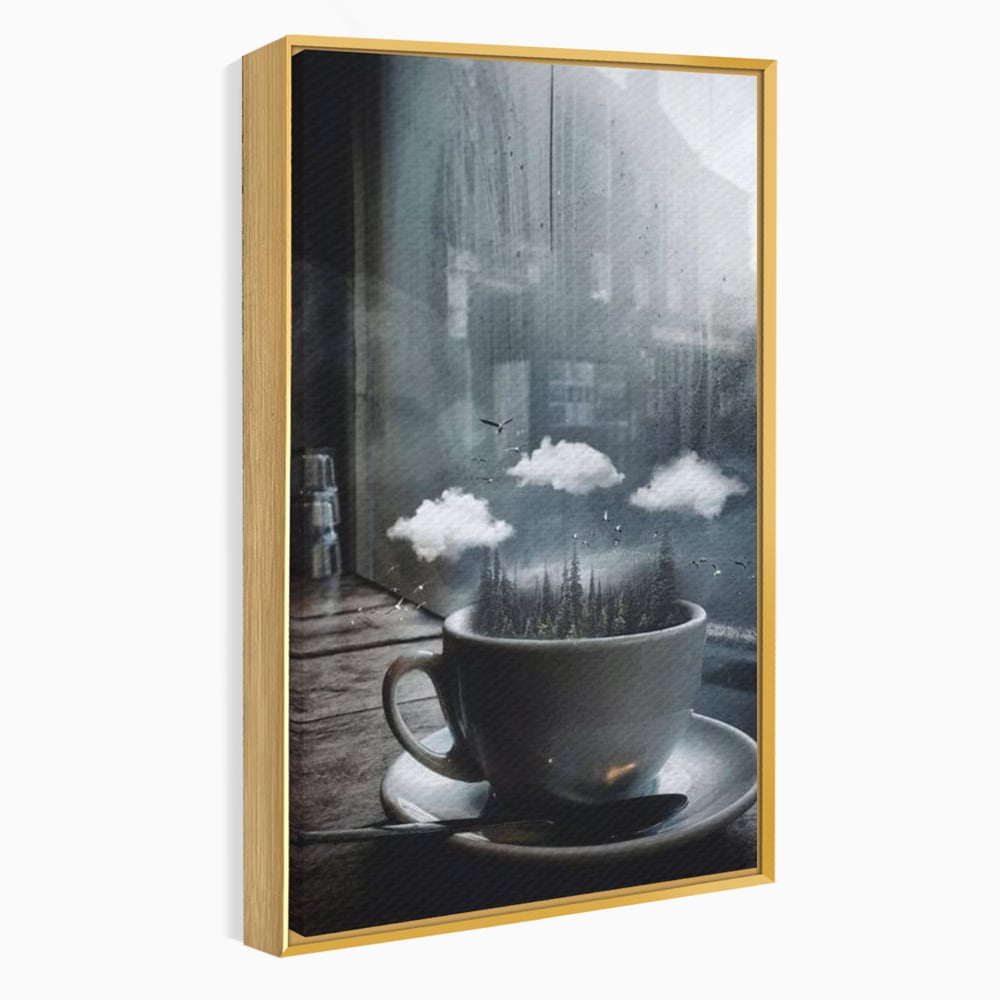 Tablou Canvas Premium, LuxCanva® N1099, Ceasca Melancoliei, Cafea, Padure, Ceata, Ploaie, Nori, Peisaj, Fereastra, Toamna, Relaxare, Cafenea, Pub, Bar, Lounge, Restaurant, Bucatarie