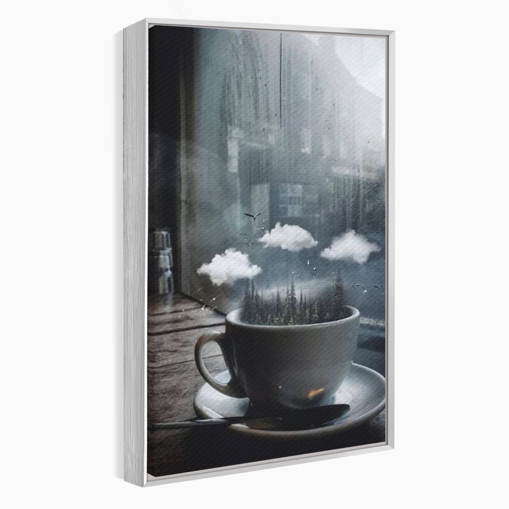 Tablou Canvas Premium, LuxCanva® N1099, Ceasca Melancoliei, Cafea, Padure, Ceata, Ploaie, Nori, Peisaj, Fereastra, Toamna, Relaxare, Cafenea, Pub, Bar, Lounge, Restaurant, Bucatarie