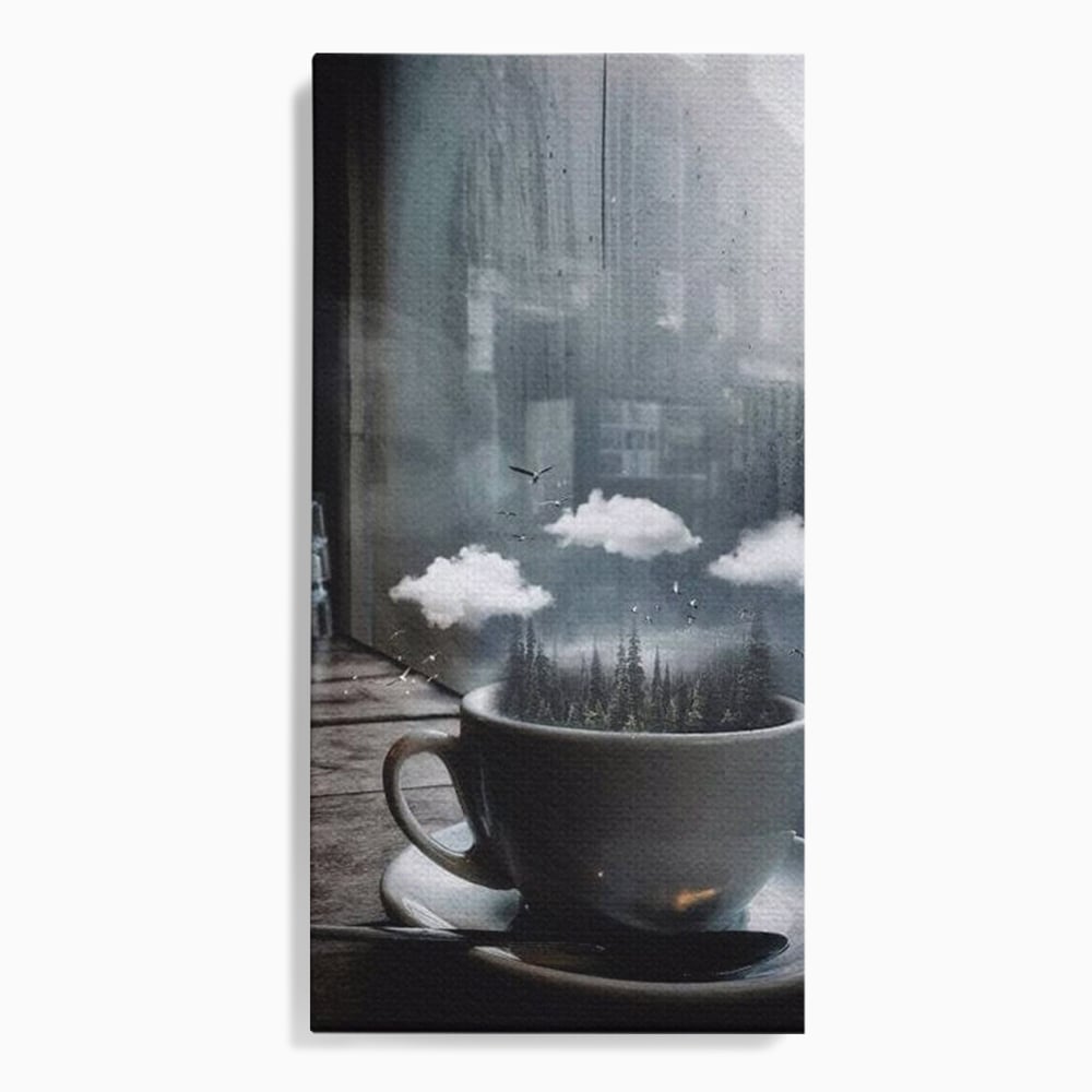 Tablou Canvas Premium, LuxCanva® N1099, Ceasca Melancoliei, Cafea, Padure, Ceata, Ploaie, Nori, Peisaj, Fereastra, Toamna, Relaxare, Cafenea, Pub, Bar, Lounge, Restaurant, Bucatarie