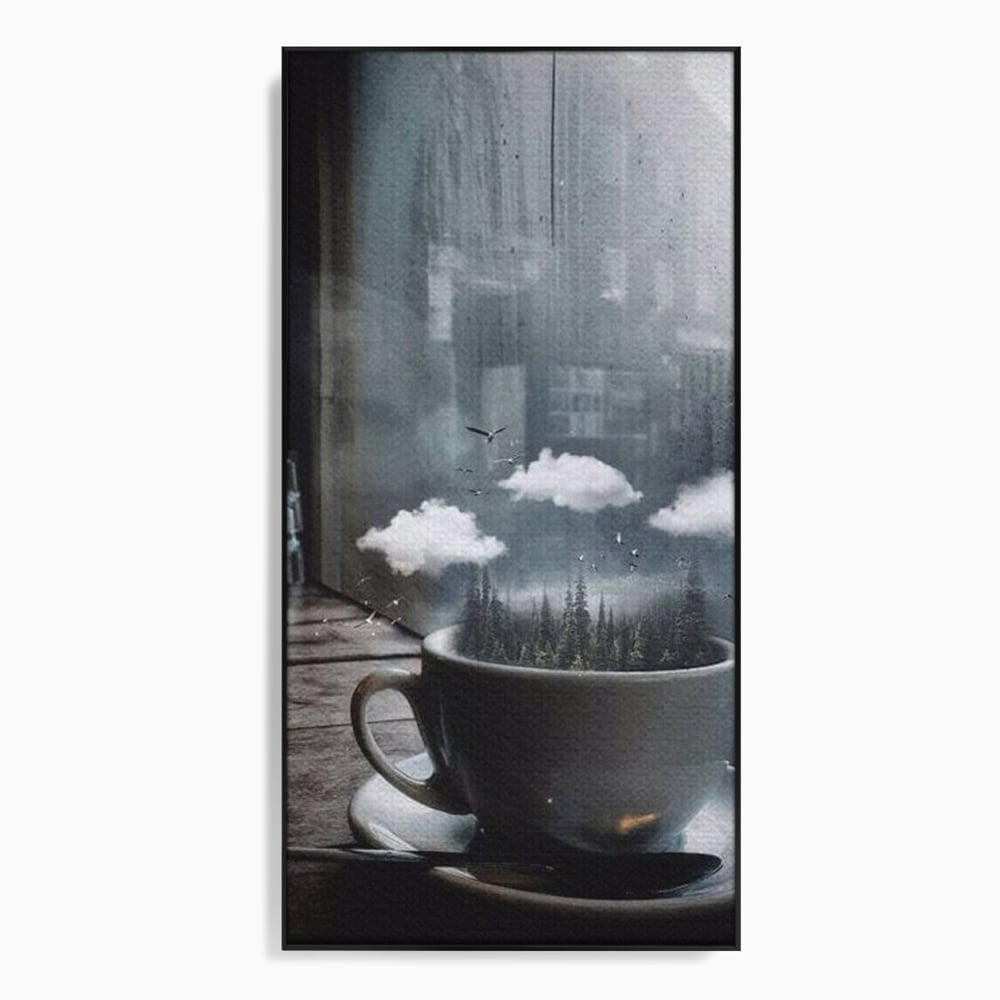 Tablou Canvas Premium, LuxCanva® N1099, Ceasca Melancoliei, Cafea, Padure, Ceata, Ploaie, Nori, Peisaj, Fereastra, Toamna, Relaxare, Cafenea, Pub, Bar, Lounge, Restaurant, Bucatarie