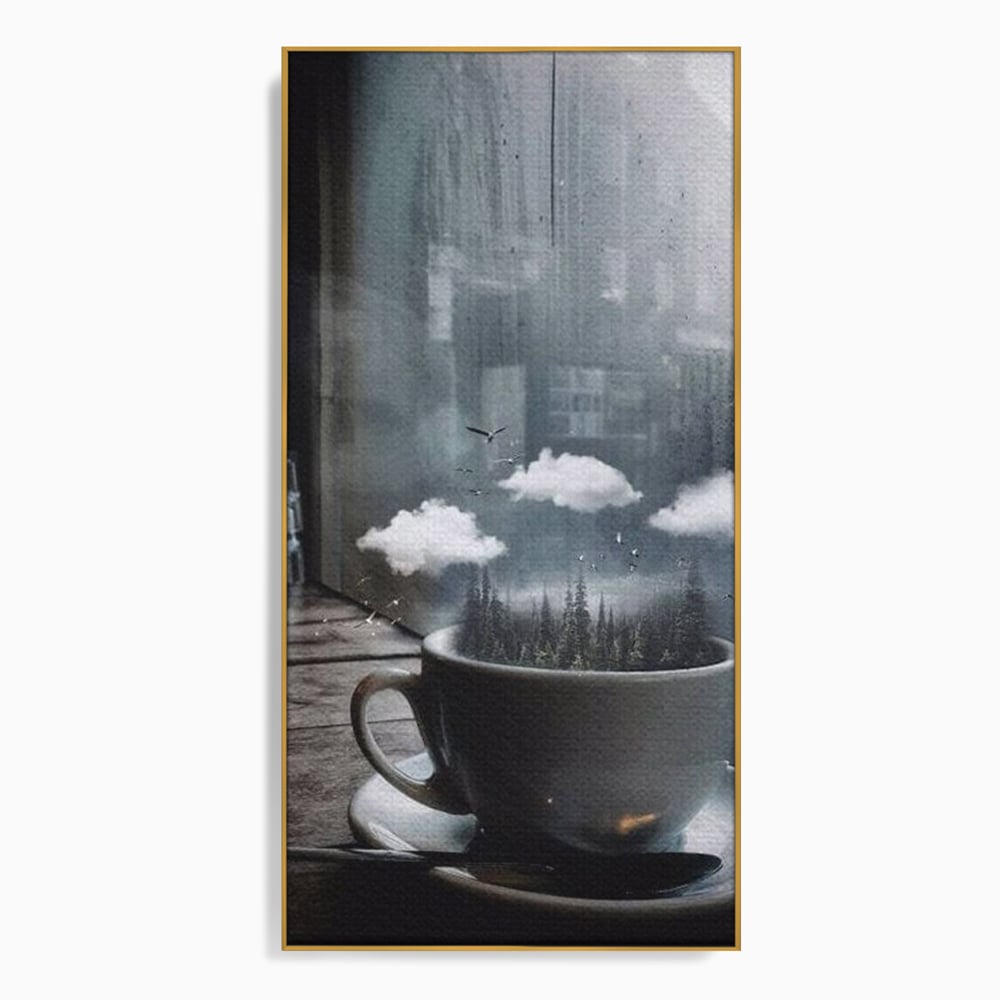 Tablou Canvas Premium, LuxCanva® N1099, Ceasca Melancoliei, Cafea, Padure, Ceata, Ploaie, Nori, Peisaj, Fereastra, Toamna, Relaxare, Cafenea, Pub, Bar, Lounge, Restaurant, Bucatarie