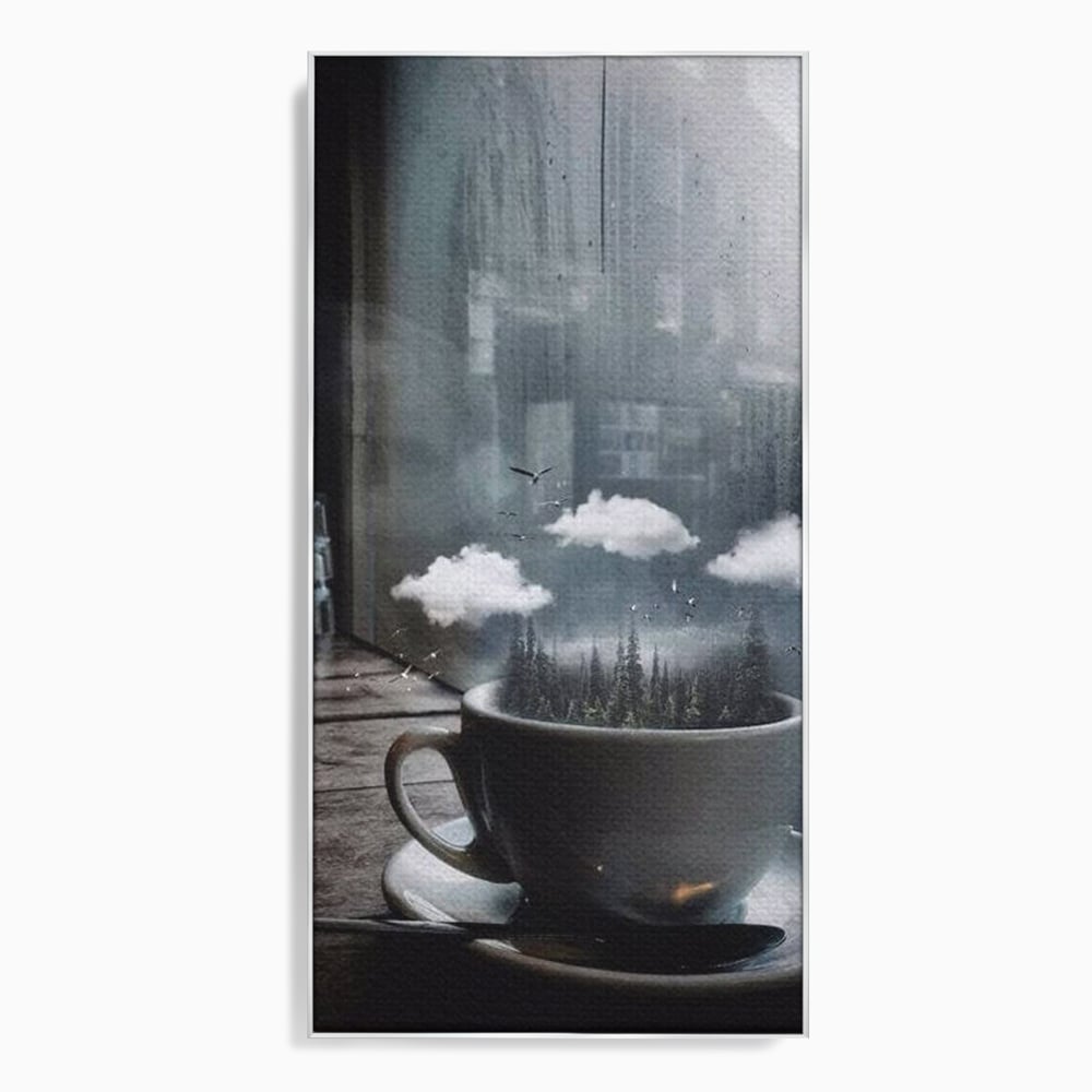 Tablou Canvas Premium, LuxCanva® N1099, Ceasca Melancoliei, Cafea, Padure, Ceata, Ploaie, Nori, Peisaj, Fereastra, Toamna, Relaxare, Cafenea, Pub, Bar, Lounge, Restaurant, Bucatarie