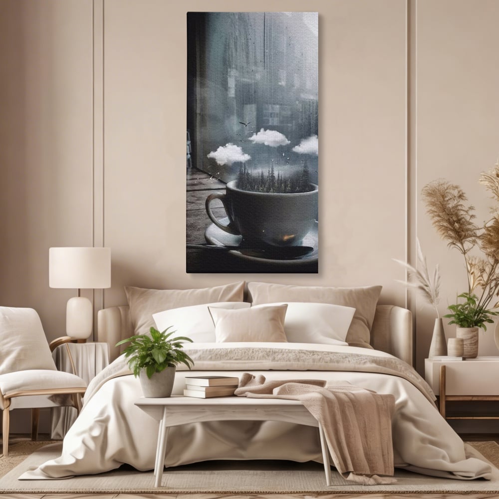 Tablou Canvas Premium, LuxCanva® N1099, Ceasca Melancoliei, Cafea, Padure, Ceata, Ploaie, Nori, Peisaj, Fereastra, Toamna, Relaxare, Cafenea, Pub, Bar, Lounge, Restaurant, Bucatarie