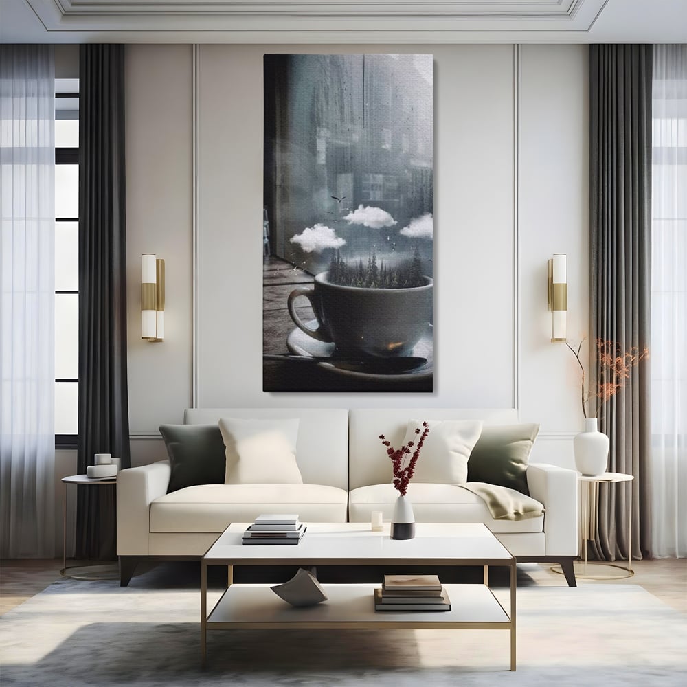 Tablou Canvas Premium, LuxCanva® N1099, Ceasca Melancoliei, Cafea, Padure, Ceata, Ploaie, Nori, Peisaj, Fereastra, Toamna, Relaxare, Cafenea, Pub, Bar, Lounge, Restaurant, Bucatarie