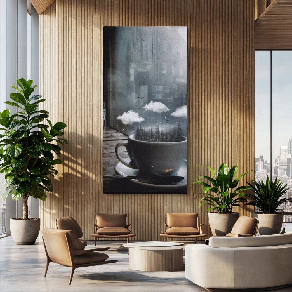 Tablou Canvas Premium, LuxCanva® N1099, Ceasca Melancoliei, Cafea, Padure, Ceata, Ploaie, Nori, Peisaj, Fereastra, Toamna, Relaxare, Cafenea, Pub, Bar, Lounge, Restaurant, Bucatarie