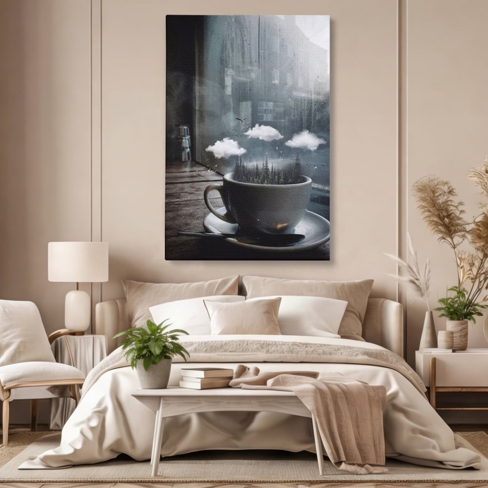 Tablou Canvas Premium, LuxCanva® N1099, Ceasca Melancoliei, Cafea, Padure, Ceata, Ploaie, Nori, Peisaj, Fereastra, Toamna, Relaxare, Cafenea, Pub, Bar, Lounge, Restaurant, Bucatarie