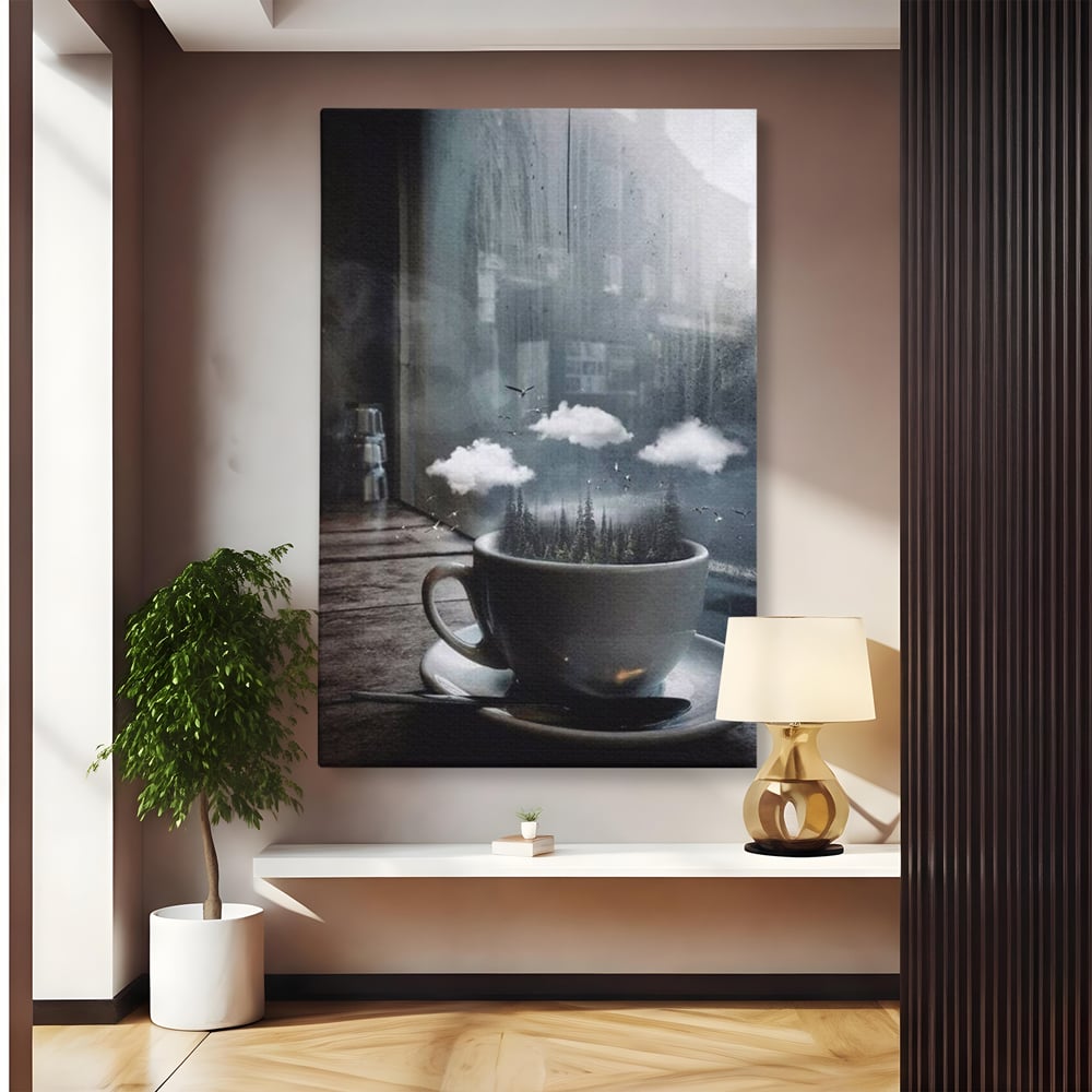 Tablou Canvas Premium, LuxCanva® N1099, Ceasca Melancoliei, Cafea, Padure, Ceata, Ploaie, Nori, Peisaj, Fereastra, Toamna, Relaxare, Cafenea, Pub, Bar, Lounge, Restaurant, Bucatarie