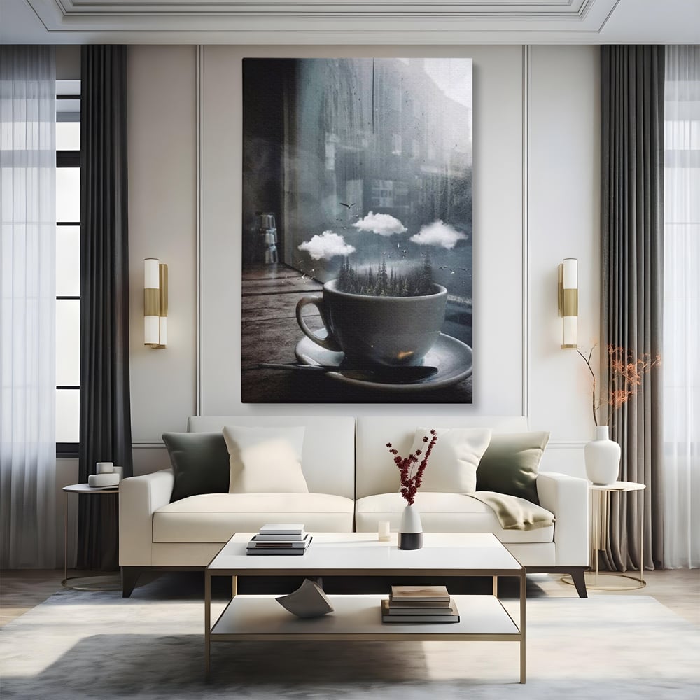 Tablou Canvas Premium, LuxCanva® N1099, Ceasca Melancoliei, Cafea, Padure, Ceata, Ploaie, Nori, Peisaj, Fereastra, Toamna, Relaxare, Cafenea, Pub, Bar, Lounge, Restaurant, Bucatarie