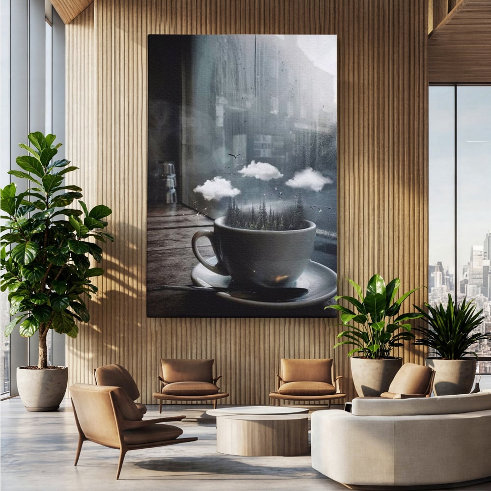 Tablou Canvas Premium, LuxCanva® N1099, Ceasca Melancoliei, Cafea, Padure, Ceata, Ploaie, Nori, Peisaj, Fereastra, Toamna, Relaxare, Cafenea, Pub, Bar, Lounge, Restaurant, Bucatarie