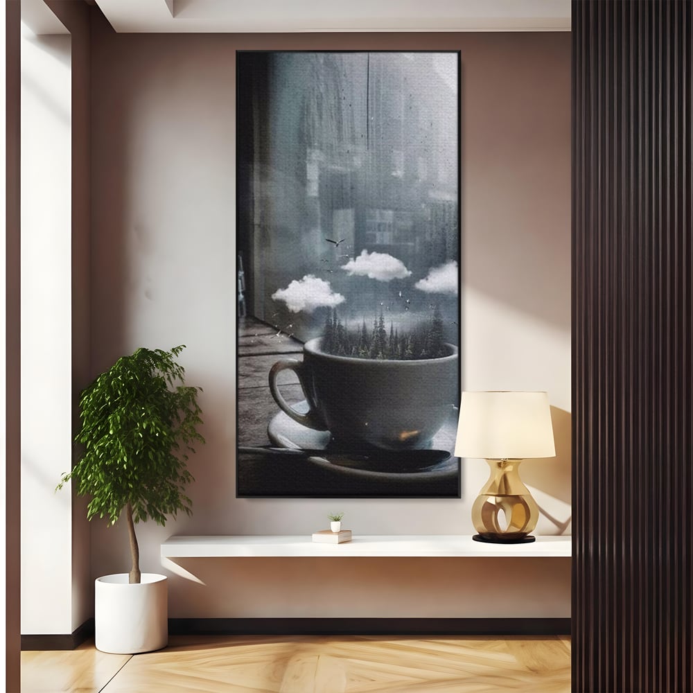 Tablou Canvas Premium, LuxCanva® N1099, Ceasca Melancoliei, Cafea, Padure, Ceata, Ploaie, Nori, Peisaj, Fereastra, Toamna, Relaxare, Cafenea, Pub, Bar, Lounge, Restaurant, Bucatarie