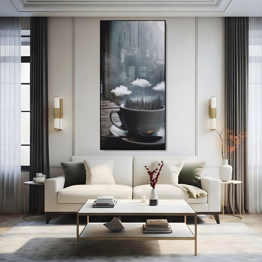 Tablou Canvas Premium, LuxCanva® N1099, Ceasca Melancoliei, Cafea, Padure, Ceata, Ploaie, Nori, Peisaj, Fereastra, Toamna, Relaxare, Cafenea, Pub, Bar, Lounge, Restaurant, Bucatarie
