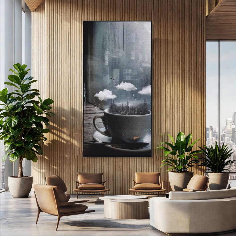 Tablou Canvas Premium, LuxCanva® N1099, Ceasca Melancoliei, Cafea, Padure, Ceata, Ploaie, Nori, Peisaj, Fereastra, Toamna, Relaxare, Cafenea, Pub, Bar, Lounge, Restaurant, Bucatarie