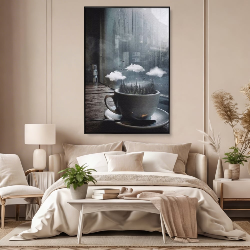 Tablou Canvas Premium, LuxCanva® N1099, Ceasca Melancoliei, Cafea, Padure, Ceata, Ploaie, Nori, Peisaj, Fereastra, Toamna, Relaxare, Cafenea, Pub, Bar, Lounge, Restaurant, Bucatarie