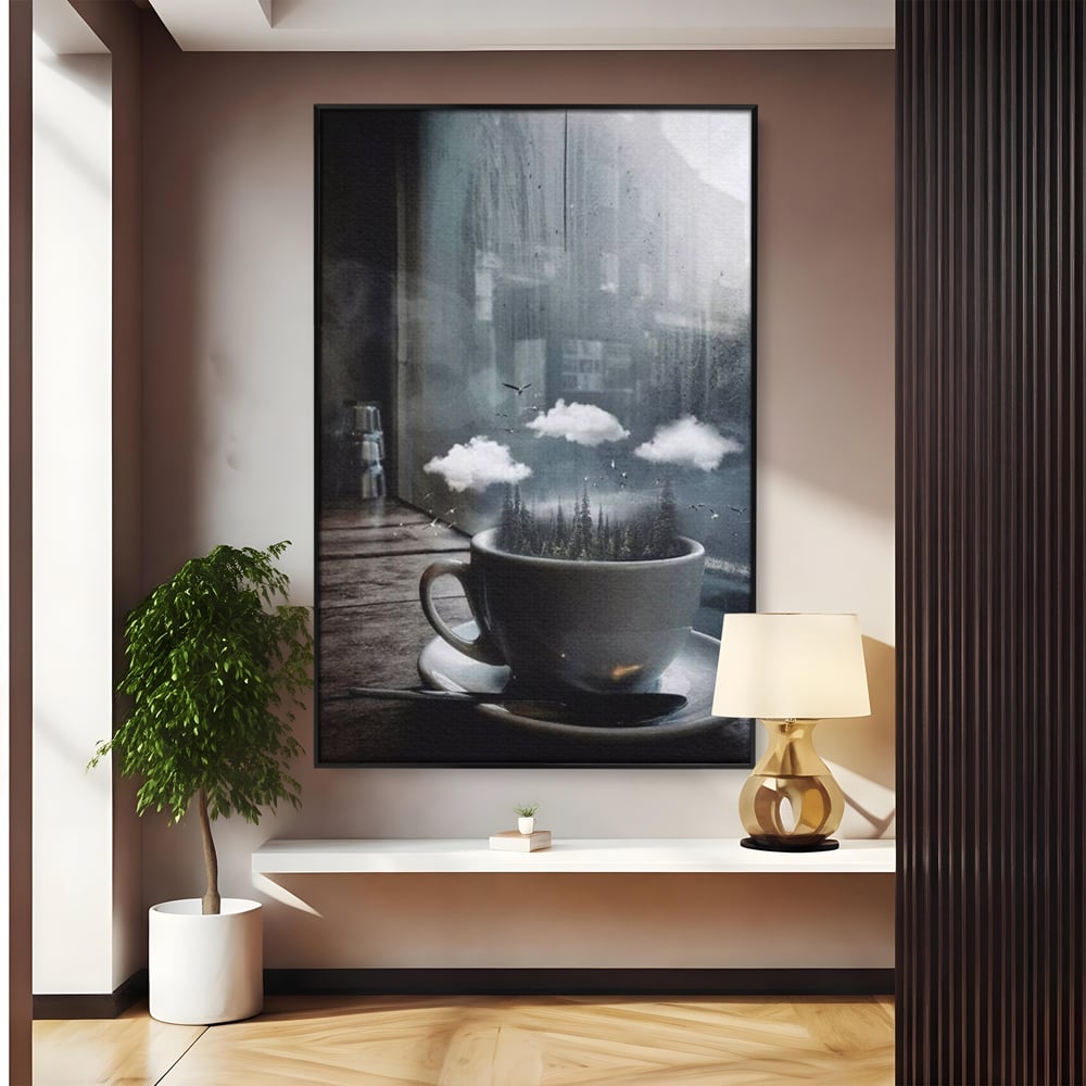 Tablou Canvas Premium, LuxCanva® N1099, Ceasca Melancoliei, Cafea, Padure, Ceata, Ploaie, Nori, Peisaj, Fereastra, Toamna, Relaxare, Cafenea, Pub, Bar, Lounge, Restaurant, Bucatarie