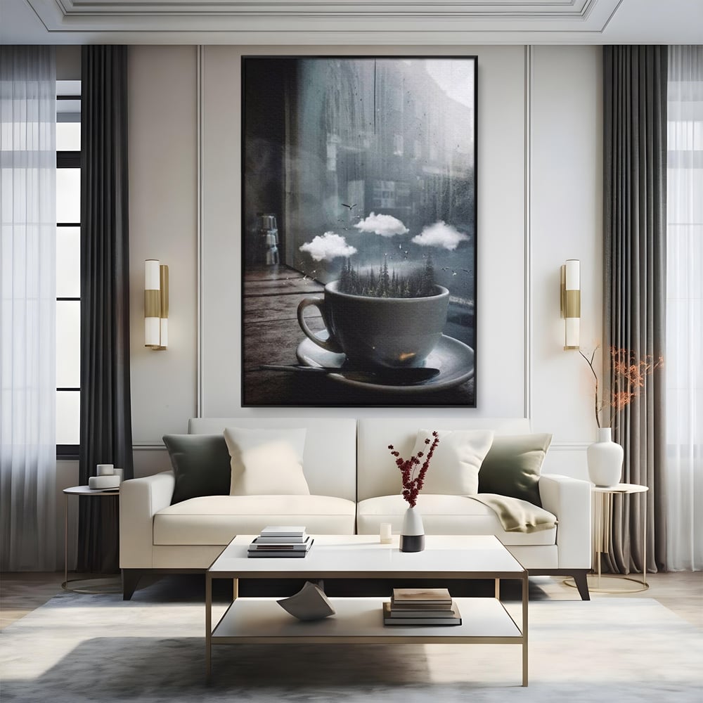 Tablou Canvas Premium, LuxCanva® N1099, Ceasca Melancoliei, Cafea, Padure, Ceata, Ploaie, Nori, Peisaj, Fereastra, Toamna, Relaxare, Cafenea, Pub, Bar, Lounge, Restaurant, Bucatarie