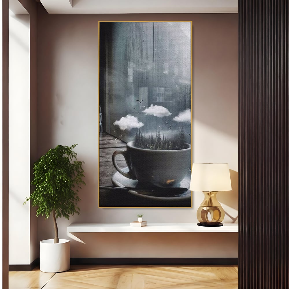 Tablou Canvas Premium, LuxCanva® N1099, Ceasca Melancoliei, Cafea, Padure, Ceata, Ploaie, Nori, Peisaj, Fereastra, Toamna, Relaxare, Cafenea, Pub, Bar, Lounge, Restaurant, Bucatarie