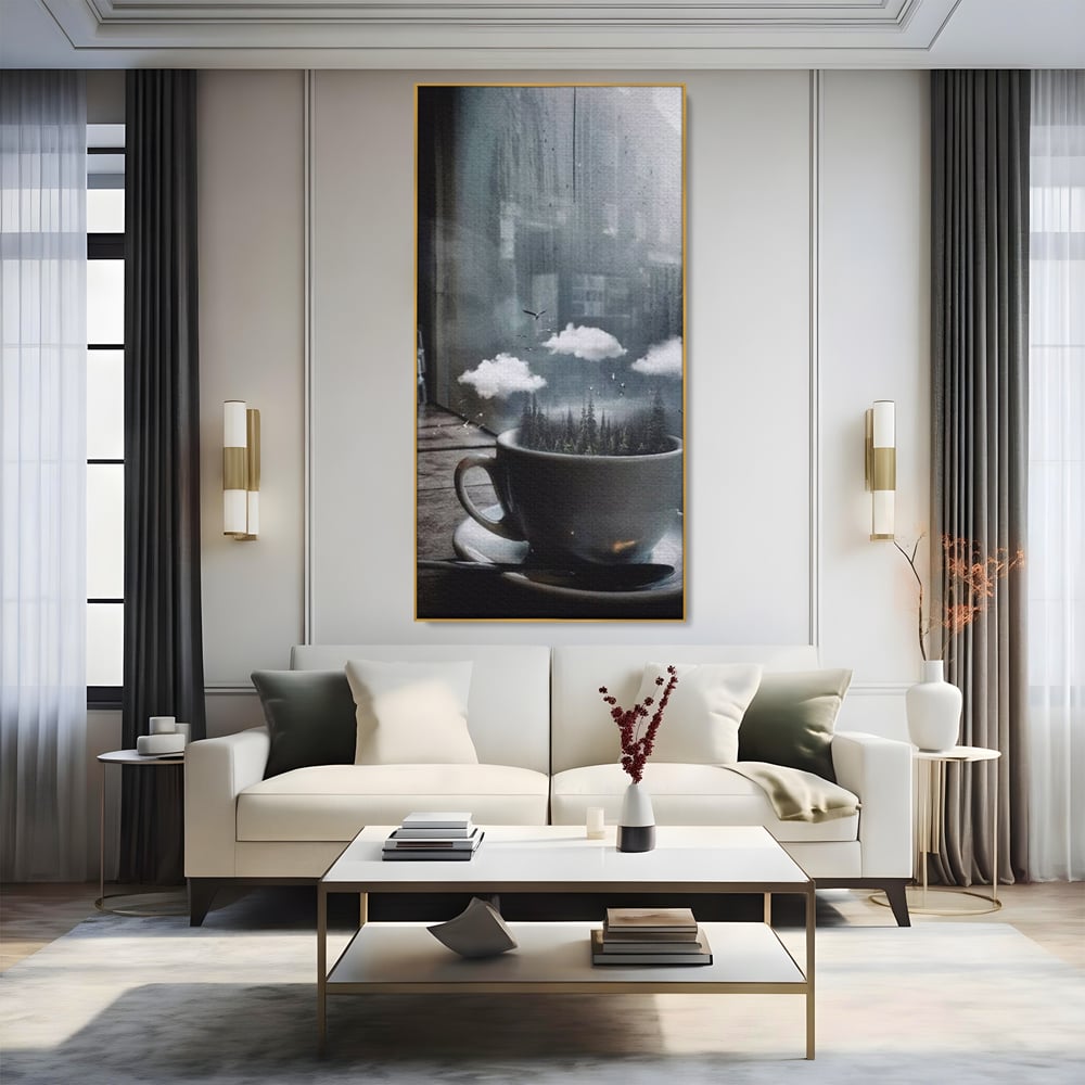 Tablou Canvas Premium, LuxCanva® N1099, Ceasca Melancoliei, Cafea, Padure, Ceata, Ploaie, Nori, Peisaj, Fereastra, Toamna, Relaxare, Cafenea, Pub, Bar, Lounge, Restaurant, Bucatarie