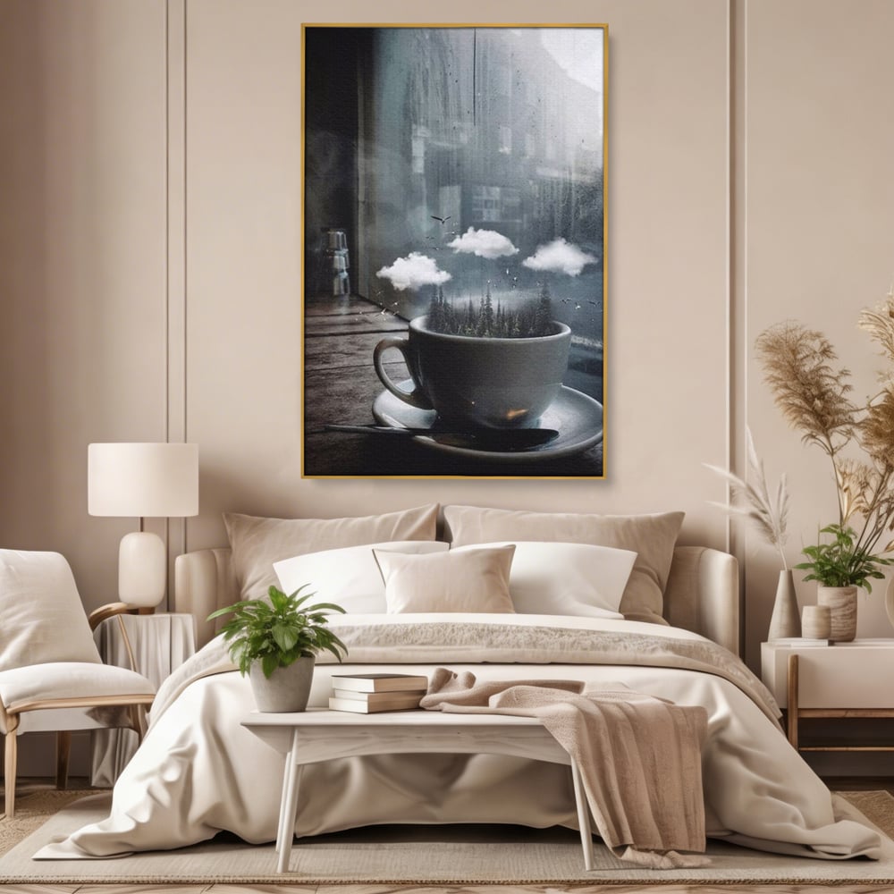 Tablou Canvas Premium, LuxCanva® N1099, Ceasca Melancoliei, Cafea, Padure, Ceata, Ploaie, Nori, Peisaj, Fereastra, Toamna, Relaxare, Cafenea, Pub, Bar, Lounge, Restaurant, Bucatarie