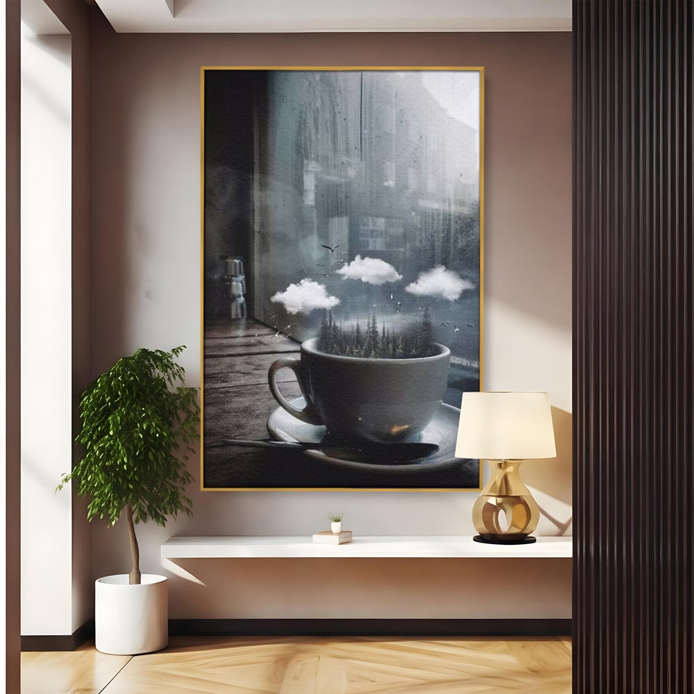 Tablou Canvas Premium, LuxCanva® N1099, Ceasca Melancoliei, Cafea, Padure, Ceata, Ploaie, Nori, Peisaj, Fereastra, Toamna, Relaxare, Cafenea, Pub, Bar, Lounge, Restaurant, Bucatarie