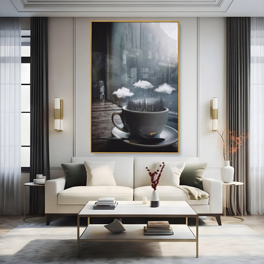 Tablou Canvas Premium, LuxCanva® N1099, Ceasca Melancoliei, Cafea, Padure, Ceata, Ploaie, Nori, Peisaj, Fereastra, Toamna, Relaxare, Cafenea, Pub, Bar, Lounge, Restaurant, Bucatarie
