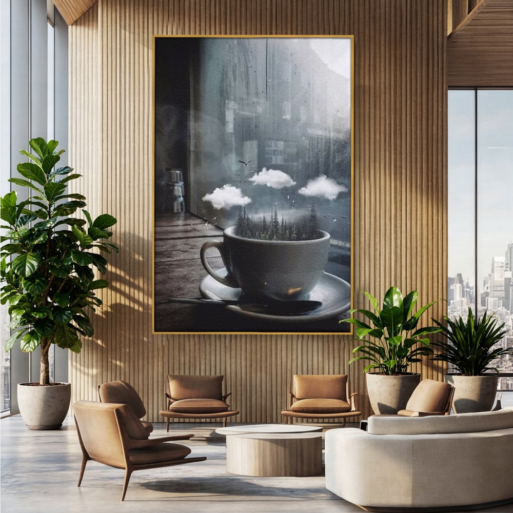 Tablou Canvas Premium, LuxCanva® N1099, Ceasca Melancoliei, Cafea, Padure, Ceata, Ploaie, Nori, Peisaj, Fereastra, Toamna, Relaxare, Cafenea, Pub, Bar, Lounge, Restaurant, Bucatarie