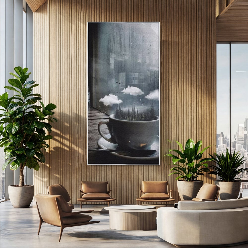 Tablou Canvas Premium, LuxCanva® N1099, Ceasca Melancoliei, Cafea, Padure, Ceata, Ploaie, Nori, Peisaj, Fereastra, Toamna, Relaxare, Cafenea, Pub, Bar, Lounge, Restaurant, Bucatarie