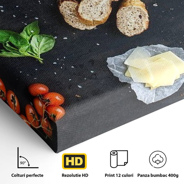 Leinwand Premium Canvas Wall Art, LuxCanva® N1100, Bruschetta Italienisch, Tomaten, Basilikum, Parmesan, Oliven, Gewürze, Zutaten, Rezept, Aperitif, Snack, Restaurant, Küche