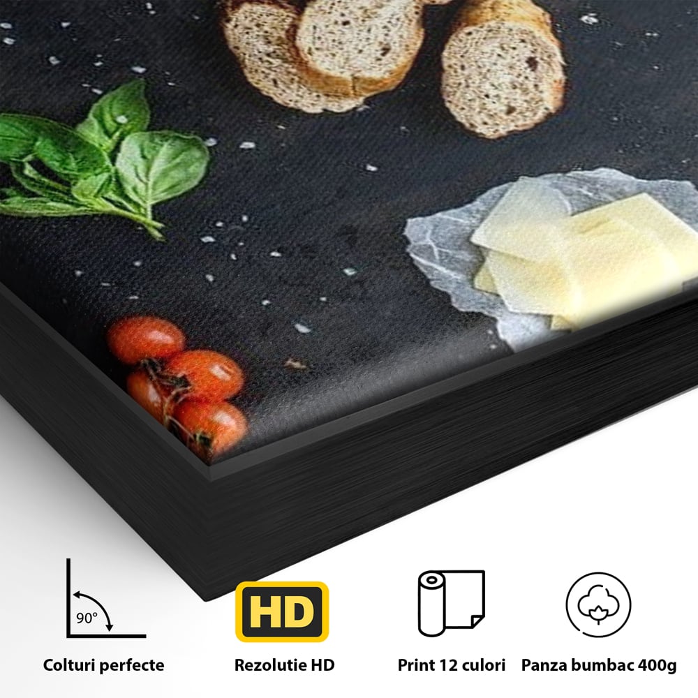 Leinwand Premium Canvas Wall Art, LuxCanva® N1100, Bruschetta Italienisch, Tomaten, Basilikum, Parmesan, Oliven, Gewürze, Zutaten, Rezept, Aperitif, Snack, Restaurant, Küche