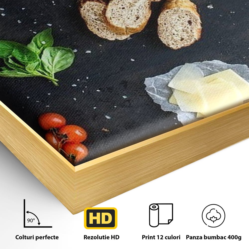 Leinwand Premium Canvas Wall Art, LuxCanva® N1100, Bruschetta Italienisch, Tomaten, Basilikum, Parmesan, Oliven, Gewürze, Zutaten, Rezept, Aperitif, Snack, Restaurant, Küche